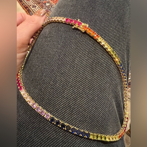 NWOT- Chain Rainbow 17” Long .25” thick Cubic zirconia tennis chain gold color - Picture 7 of 17